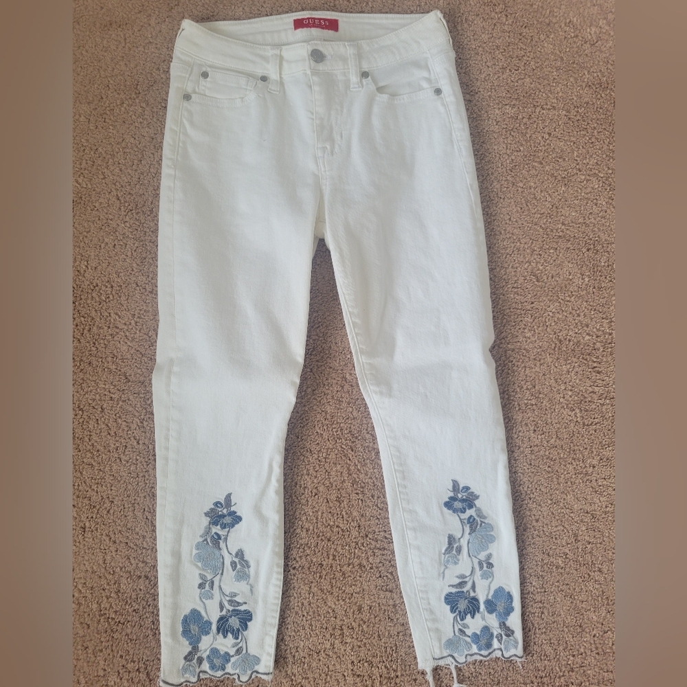 Guess White Jeans with Blue Floral Design